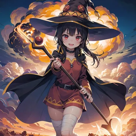 masterpiece, best quality,
cinematic style,nuclear explosion, flame,solo,  mushroom cloud,surrounded by cloud,orange theme,outdoors,  beautiful and detailed skin,realistic,<lora:Oppenheimer:1>
1girl, solo, <lora:megumin_v3:1> flat chest, megumindef, witch hat, cape, staff, holding staff, bandaged leg, happy face, Glowing Red Eyes