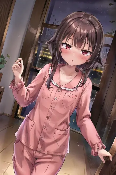 masterpiece, best quality,ultra detail,<lora:GoodHands-vanilla:0.8> <lora:anmnr01:0.3> <lora:add_detail:0.5> 1girl, petite,<lora:megumin_v2:0.7>,meguminpajamas,flat chest,night,indoor