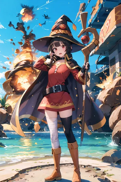 (A true masterpiece with the best quality), 1girl, full body, megumin konosuba, megumin, collarbone, black choker, fingerless gloves, black gloves, long sleeves, red dress, brown boots, brown cape, witch hat, gold trim, red eyes, short brown hair, brown belt, zettai ryouiki, skindentation, asymmetrical legwear, mismatched legwear, thigh high, bandaged leg, village, water, nature,