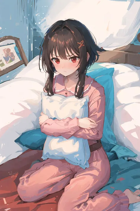 (NSFW:0.9),( girl:1.4), 独奏, full bodyesbian, sitting on, dynamic ungle, white hair, flat-chest, frilld,, brown haired, length hair, natta, starrysky, murky,, I want to sleep, Animal Ear Food, Have a teddy bear, covered breast,full of shyness, red blush,Young girl in pajamas holding big stuffed animal, With a shy look, In the bedroom setting、 The composition should exude a blend of sensuality and innocence、