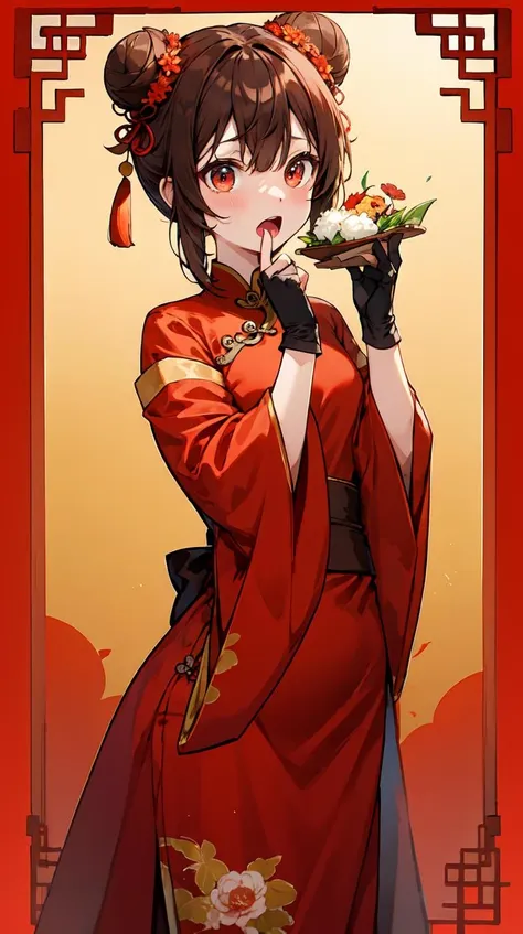 meguminrnd, holding food, china dress, chinese clothes, double bun, back bow, black bow, black gloves, bow, flower, hair between eyes, hair bun, hand to own mouth, hands up, lantern, open mouth, red background, red dress, solo, <lora:megumin_v3:0.9>