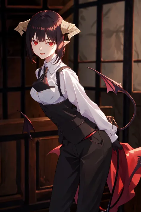 masterpiece, best quality, highres, 1girl horns short hair demon tail, white shirt black ascot black gloves black pants black vest <lora:goumon_torture:1> leaning forward, arms behind back, smile
