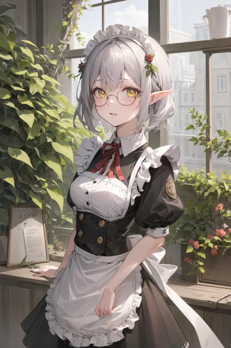 (masterpiece, best quality, ultra-detailed, illustration), upper body, beautiful face, solo, perfect body, 1girl, standing, windows, garden, flowers, maid , maid dress, maid apron, elf, elf ears, yellow eyes, white hair, short hair, small breast, <lora:glasses-2:1>, glasses, round eyewear