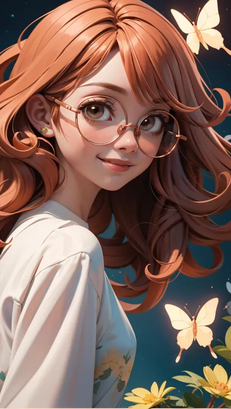 mythical doorway,inter-dimensional, stars in the background, (masterpiece:1.1),(highest quality:1.1),(HDR:1),close view angle, ambient light,cosmic, ultra-high quality,( ultra detailed original illustration),(1girl, upper body) (brown eyes), (smiling), (happy face),(semi long wavy medium hair:1.3),(gold glasses), blush, (copper hair color:1.5)((white light transparent dress)),((flowers with human eyes, flower eyes), (plants)),double exposure,fusion of fluid abstract art,glitch,(original illustration composition),(fusion of limited color, maximalism artstyle, geometric artstyle, butterflies, junk art), <lora:round_glasses-v17h:1> round_eyewear,