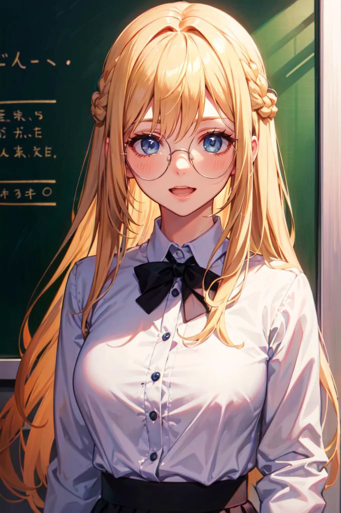 <lora:round_glasses-v17:1> round_eyewear, upper body, straight-on, open mouth, dress shirt, chalkboard,, absurdres, ultra detailed, masterpiece, best quality, aesthetic, detailed,, solo, soft smile, light smile,
katya1, 1girl, blue eyes, very long hair, blonde hair, long blonde hair, french braid, bangs, medium breasts,