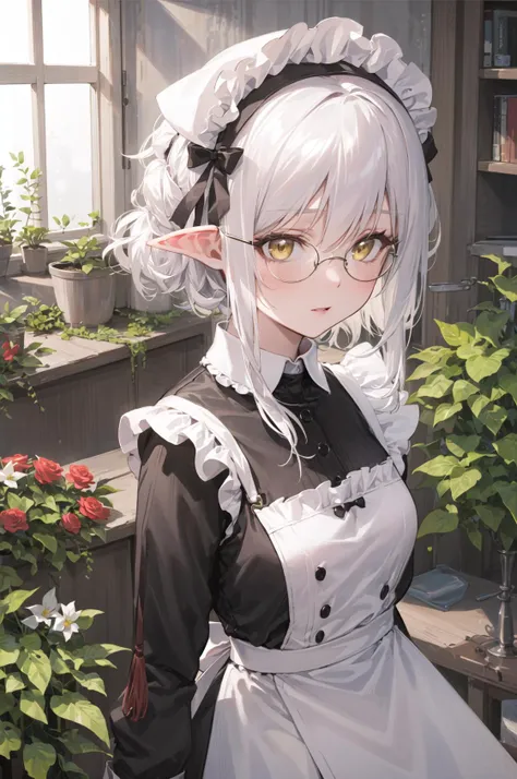 ((masterpiece)), ((best quality)), (ultra-detailed), ((an extremely delicate and beautiful)), high resolution, perfect anatomy, cute, ((elf)), 10yo, a cute girl, 1girl, solo, ((flat chest)), small breasts, ((narrow waist)), beautiful silver hair, short hair, messy hair, ponytail, beautiful red eyes, upturned eyes, red glasses, smile, open mouth, hair ornament, ((school uniform)), furniture,tea shop,tea set,cookie milk,,light green curtain,light green light,sunlight,lens flare,ultra detailed beautiful light are reflect,white chair,wood chair,wind ,fluttering leaf,tea party,light strings