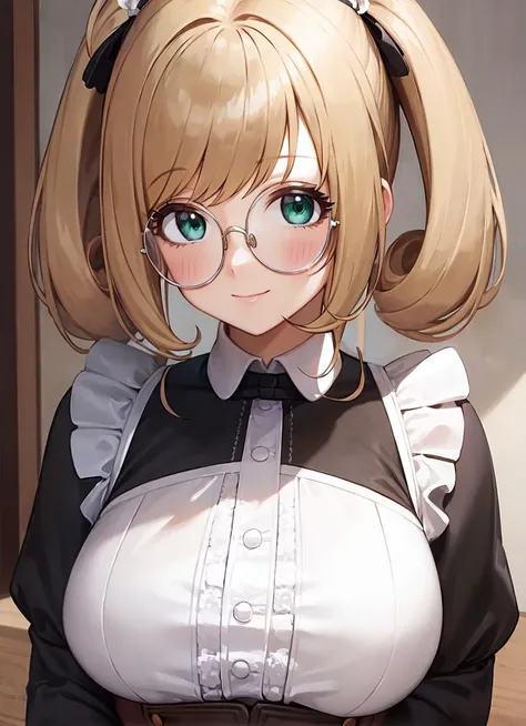 masterpiece, best quality, ultra-detailed, illustration, 1girl, solo, looking at viewer, <lora:round_glasses-v17h:1>, grey-framed eyewear, enmaided, maid, long sleeves, <lora:sato_shin-v13:0.8> , sato shin, blonde hair, ahoge, green eyes, large breasts, short twintails, upper body, indoors, smile