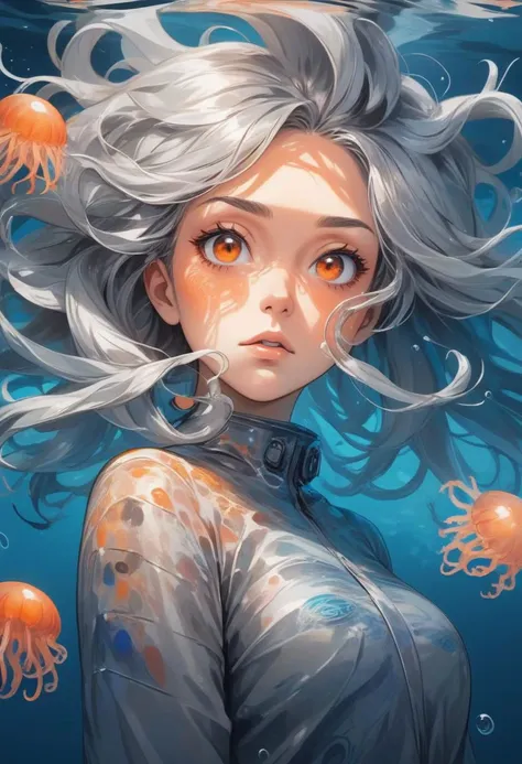 artistic portrait woman, looking at the viewer, (beautiful detailed face:1.4), beautiful long silver abstract hairstyle, chubby face, loose clothing, strange, jellyfish, under water, blue and orange, (vibrant light:1.4), (shadow detailed:1.2), (highly detailed:1.4), anime style, speed art, abstract artistic brush strokes, (beautiful and aesthetic:1.4), masterpiece, realistic surrealist, (surrealist artistic work:1.4), (fisheye:1.6)