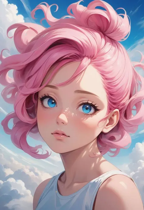 artistic portrait woman, looking at the viewer, (beautiful detailed face:1.4), beautiful long pink abstract hairstyle, chubby face, no clothings, under the clouds, in the sky, free fall view from above, blue and white, (vibrant light:1.4), (shadow detailed:1.2), (highly detailed:1.4), anime style, speed art, abstract artistic brush strokes, (beautiful and aesthetic:1.4), masterpiece, realistic surrealist, (surrealist artistic work:1.4), (fisheye:1.6)