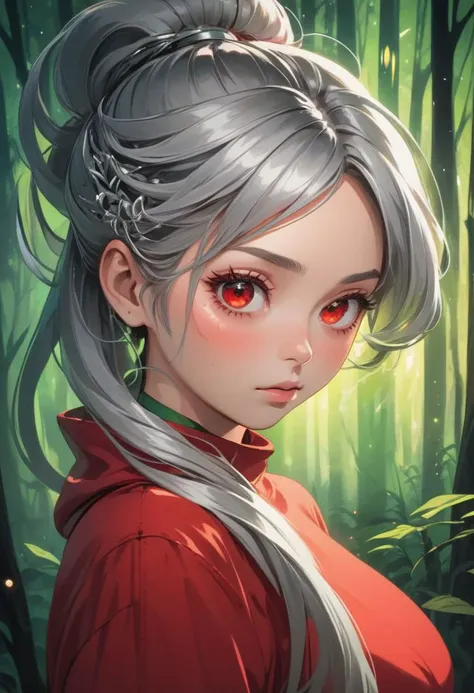 artistic portrait woman, looking at the viewer, (beautiful detailed face:1.4), beautiful long silver abstract hairstyle, chubby face, red clothes, strange, firefly light, forest night, red and green, (vibrant light:1.4), (shadow detailed:1.2), (highly detailed:1.4), anime style, speed art, abstract artistic brush strokes, (beautiful and aesthetic:1.4), masterpiece, realistic surrealist, (surrealist artistic work:1.4), (ultra wide angle:1.6)