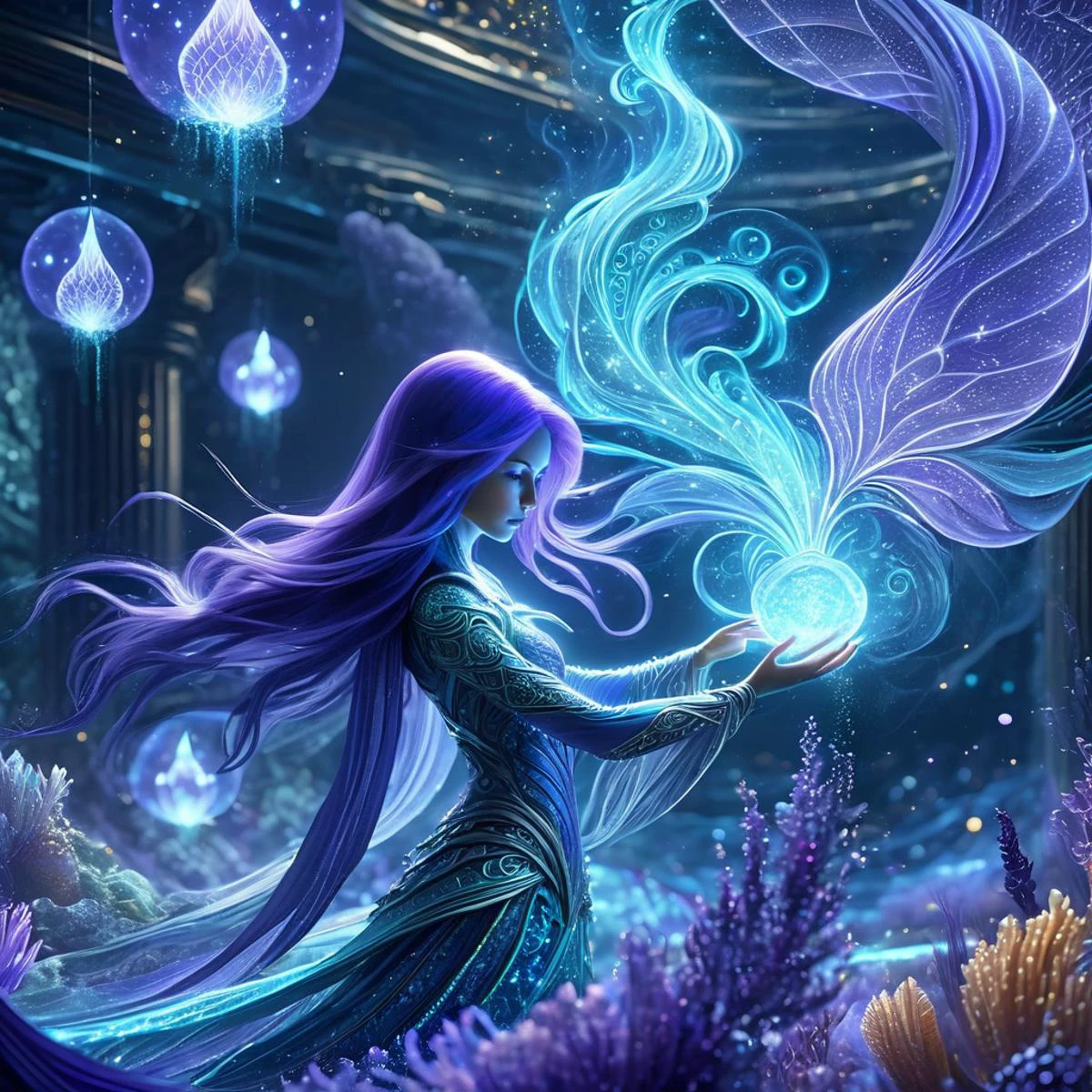 masterpiece, best quality, ultra_detailed, highres, absurdres, photography of 1girl, mage, aquamancer, mermaid, (colorful:1.3), (spellcasting, arcane knowledge, empowering allies, elemental water magic:1.5), ethereal glowing runes, (underwater:1.2), sea plants, bioluminescence, futuristic, sci-fi, (intricate details, hyperdetailed:1.15), (ultrahigh resolution textures), bokeh, (volumetric, cinematic, dim blue) lighting, caustics, depth of field, <lora:EnvyScifiStreamlineXL01:0.25>, <lora:DonMM4g1cXL-v2.1-000010:0.7>