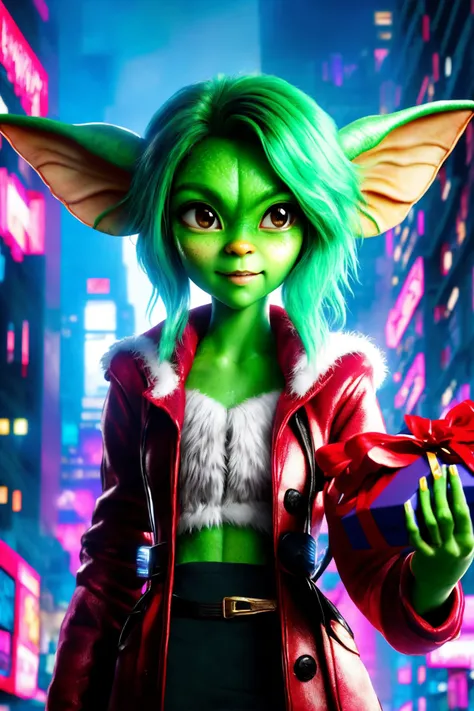 cute gremlin girl with green skin, realistic, brown eyes, realistic, standing, sassy style, closeup, ronidu style,
getting a present, happy, wearing santa claus costume, cold, wearing coat, holding a gift, cyberpunk city at background, purple hair, christmas presents,
21 year old,
amazing, masterpiece, best quality, highres,
<lora:gremlin_girl_1:0.85>