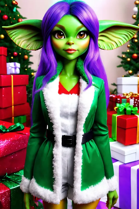 <lora:AlinaXL:0.6> <lora:Dallegirls:0.8>     beautiful alien elf girl with big detailed eyes  and huge lips , light skin , a grinch girl with big detailed eyes and big lips , long big green hair dreadlocks , in fur christmas green grinch dress lingerie , green skin , in a snowy christmas village background , beautiful detailed face , full body , slim body , highly detailed , rococo , digital painting , cg society contest winner, fantasy art , glitterpunk , iridescent ,8k, extreme detailed , colorful , highest detailed