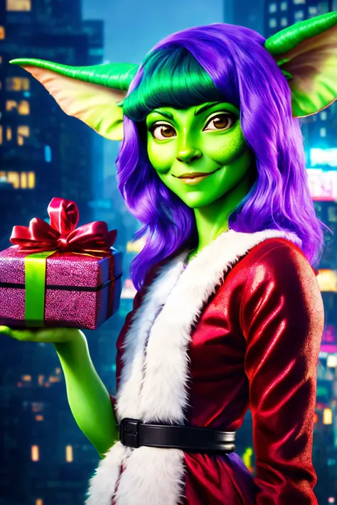 cute gremlin girl with green skin, owler style, realistic, brown eyes, realistic, standing, cherrmous style, closeup,
getting a present, happy, wearing santa claus costume, holding a gift, cyberpunk city at background, purple hair,
21 year old,
amazing photograph, masterpiece, best quality, highres, 
<lora:gremlin_girl_1:0.85>