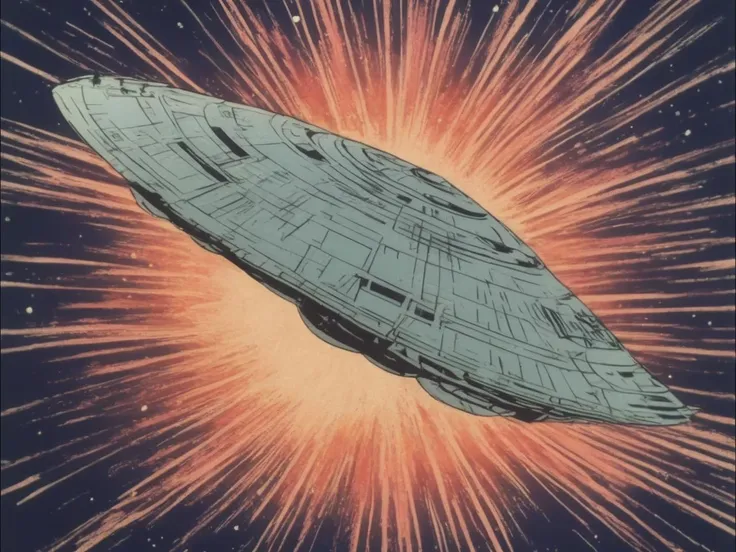 space ship exploding, vintage anime style <lora:XL_SAC:1.3>