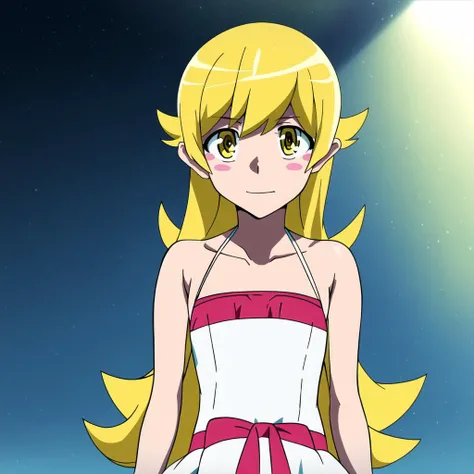 1girl, solo, female, (oshino_shinobu),<lora:loraOshinoShinobu-v1:0.6>, (blonde) (blonde_hair), (yellow_hair), ((long_hair)), ((bangs)), (yellow_eyes), blush, cute, innocent face, pointy_ears, (blush_stickers), flat_chest, dress, white_dress, bow, standing, looking_back global illumination, hdri, subsurface scattering, masterpiece, 4k,<lora:trigger_style:1>trigger studio artstyle, anime screencap