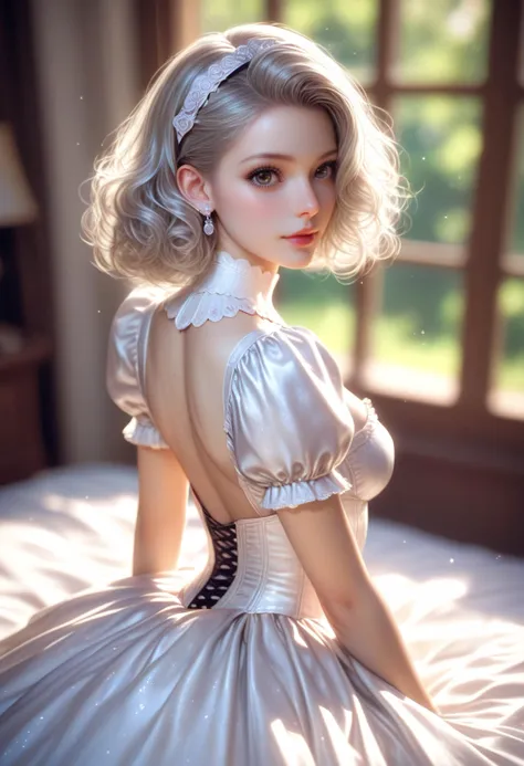 zPDXLrl,score_9, score_8_up, score_7_up, A hyper realistic ultra detailed photo of beautiful woman,
themed highly detailed hair ,
platinum blonde  hair,
ultrarealistic, cute, petite body, perky boobs,
<lora:perfect-eyes:0.8> eyes, perfecteyes,
from behind ,
upper body  ,
looking at viewer,
love  ,
kneeling  ,
1900's Victorian Era Ball Gown themed setting,  detailed and intricate environment, detailed outfit, 
hands hidden, dynamic weather,