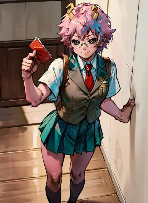 ((best quality)), ((highly detailed)), masterpiece, , (1girl), (glasses), top view, cowboy shot, very wide shot, <lora:MinaAshidoLoRA:.8>, Mina Ashido, pink hair, short hair, yellow eyes, black sclera, smirk, schoolgirl, white shirt, school uniform, green skirt, red necktie, grey vest, black socks, brown loafers, u.a. school uniform, (indoors, in a stairway), <lora:BangusYei_Style:.8>