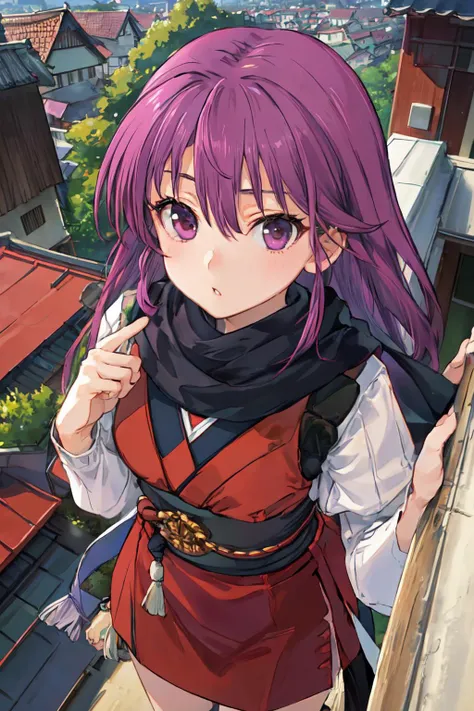dynamic ungle, (masterpiece, best quality;1.3), extremely detailed ,ultra detailed, 1girl, solo, looking at viewer,detailed skin,
kentou kanami, low-tied long hair, scarf, japanese clothes, facial close-up,
<lora:Kanami:0.8> from above, village, rooftop,