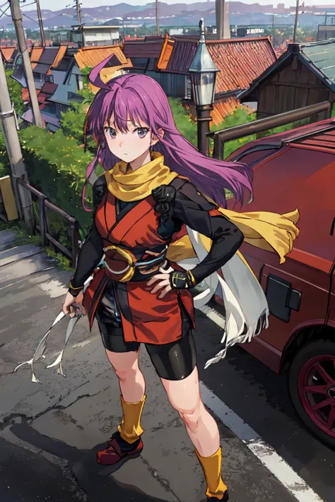 (masterpiece, best quality;1.3), extremely detailed ,ultra detailed, 1girl, solo, looking at viewer,detailed skin,
kentou kanami, fighting stance, forest, low-tied long hair, balck spats(bike shorts), scarf, japanese clothes,
<lora:Kanami:0.8> from above, village, rooftop,