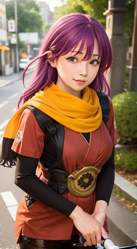 1girl, masterpiece, best quality, highly detailed, illustration, kentou kanami, outdoors, standing, low-tied long hair, (masterpiece, best quality:1), (photorealistic:1.2), light, depth of field, (detailed face, face focus:1), game cg, ultra detailed, 8k, intricate details, hiqcg, 1girl, solo,anime, looking at viewer, scarf, japanese clothes,bike shorts, red clothes,washitsu