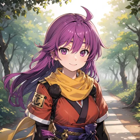 1girl, masterpiece, best quality, highly detailed, illustration, kentou kanami, outdoors, forest, upper body, japanese clothes, yellow scarf, long hair, looking at viewer, smile, <lora:Kanami-10:0.8>