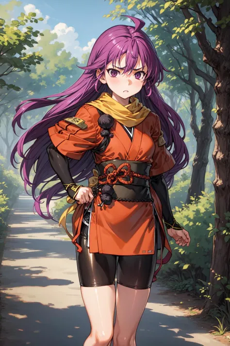 1girl, masterpiece, best quality, highly detailed, illustration, kentou kanami, outdoors, forest, fighting stance, japanese clothes, yellow scarf, bike shorts, low-tied long hair, annoyed, <lora:Kanami-10:0.8>