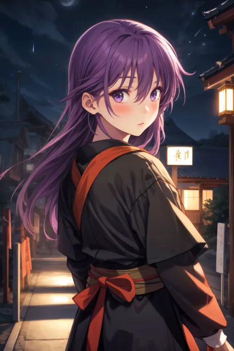 1girl, aurora, bangs, black kimono, blush, building, city lights, cityscape, closed mouth, cloud, crescent moon, fireworks, hair between eyes, japanese clothes, kimono, lamppost, lantern, light particles, long hair, looking at viewer, looking back, milky way, moon, night, night sky, outdoors, purple eyes, purple hair, railing, sash, shooting star, sky, snowing, solo, space, star \(sky\), starry sky