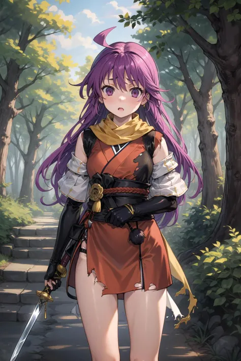1girl, masterpiece, best quality, highly detailed, illustration, kentou kanami, outdoors, forest, standing holding weapon, short sword, torn clothes, japanese clothes, yellow scarf, long hair, looking at viewer, scared, embarrassed, <lora:Kanami-10:0.8>
