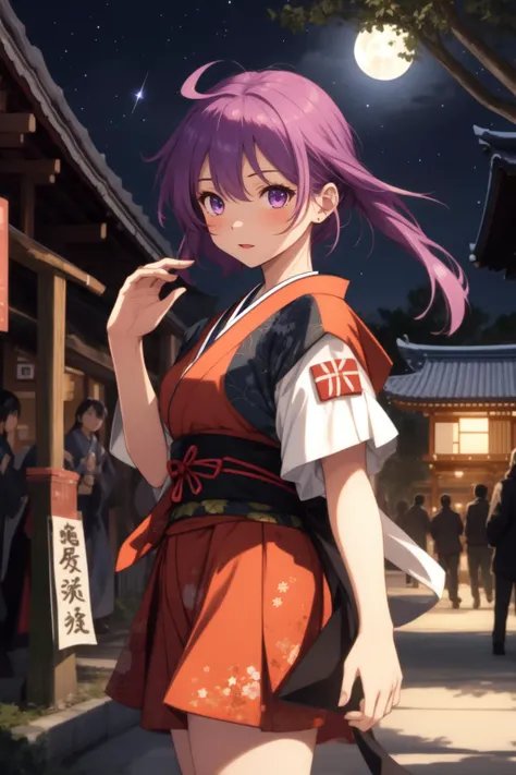 1girl, ahoge, architecture, building, cloud, crescent moon, dutch angle, earth \(planet\), east asian architecture, full moon, japanese clothes, kimono, light particles, long hair, looking at viewer, milky way, moon, moonlight, multiple boys, night, night sky, outdoors, planet, purple eyes, purple hair, sash, shooting star, sky, solo focus, space, star \(sky\), starry sky, starry sky print