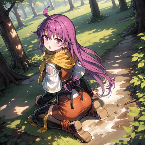 1girl, masterpiece, best quality, highly detailed, illustration, kentou kanami, outdoors, forest, from behind, from above, wariza, mud, japanese clothes, yellow scarf, long hair, looking at viewer, :o, <lora:Kanami-10:0.8>