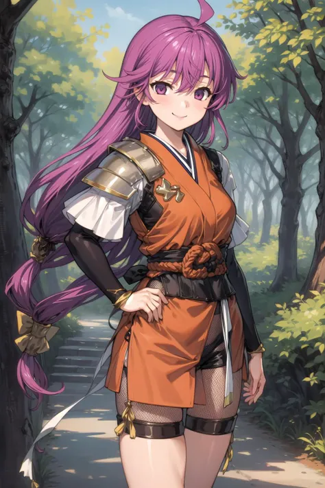 1girl, masterpiece, best quality, highly detailed, illustration, kentou kanami, outdoors, forest, standing, low-tied long hair, fishnet shorts, armor, japanese clothes, smile, <lora:Kanami-10:0.8>
