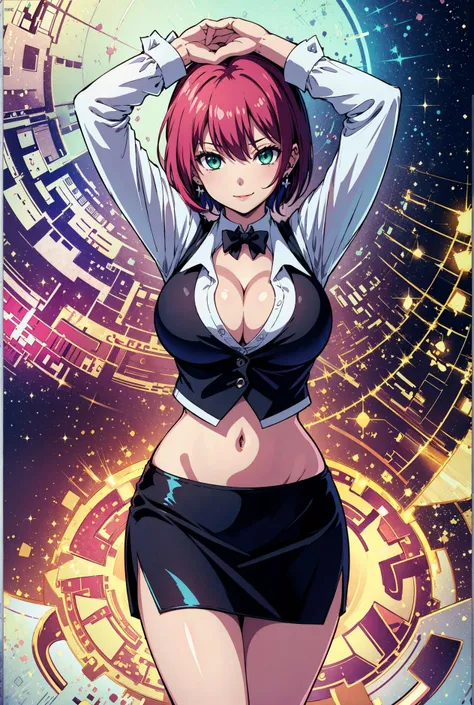 (extremely detailed CG unity 8k wallpaper, an extremely delicate and beautiful, high resolution, masterpiece, high quality, ultra-detailed, illustration:1.5),
city, night, ultra detailed landscape, cowboy shot, breasts focus, POV, perfect anatomy, beautiful detailed face, ideal ratio body proportions, arms behind head, sexy pose,
BREAK
rio_sbj, 1girl, solo, milf, (skindentation:1.2), huge breasts, slender, contrapposto, happy, smile,
green eyes, short hair, pink hair, bowtie, shirt, crop top, cleavage, black vest, midriff, navel, skirt, miniskirt, side slit, pencil skirt, choker, earring,
<lora:Rio_SBJ:0.6> <lora:Add_Details:0.3> <lora:Hourglass_Body_Shape:0.3>