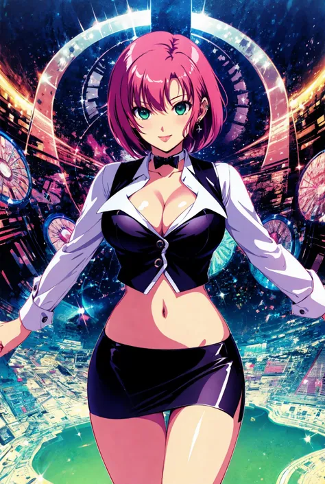 (masterpiece, best quality:1.5), official art, extremely detailed CG, unity 8k wallpaper, ultra detailed, POV, casino, ultra detailed landscape, 
perfect anatomy, beautiful detailed face, ideal ratio body proportions,
cowboy shot, breasts focus, (skindentation:1.2), huge breasts, slender, contrapposto, smile, to many pose, staring, from below,
rio_sbj, short hair, shirt, skirt, cleavage, green eyes, pink hair, black vest, midriff, miniskirt, crop top, side slit, pencil skirt, choker, bowtie, earring, 
<lora:Rio_SBJ:0.8> <lora:Hourglass_Body_Shape:0.5> <lora:Add_Details:0.3>
