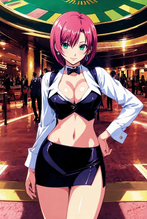 (masterpiece, best quality:1.5), official art, extremely detailed CG, unity 8k wallpaper, ultra detailed, casino, ultra detailed landscape,
perfect anatomy, beautiful detailed face, ideal ratio body proportions,
cowboy shot, breasts focus, POV, (skindentation:1.2), huge breasts, slender, contrapposto, smile, right arm behind head,
rio_sbj, short hair, shirt, skirt, cleavage, green eyes, pink hair, black vest, midriff, miniskirt, crop top, side slit, pencil skirt, choker bowtie, earring,
<lora:Rio_SBJ:0.7> <lora:Hourglass_Body_Shape:0.5> <lora:Add_Details:0.3>