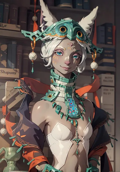 (extremely detailed CG unity 8k wallpaper),(masterpiece),(best quality),(best illustration),(best shadow),(an extremely delicate and beautiful),fine detail,classic,anime,manga,furry,animal ears,bare shoulders,breasts,grey skin,[hair over one eye],[facial mark],green eyes,(detailed beautiful eyes),[jewelry],makeup,navel,looking at viewer,necklace,white hair,short hair,[smug smile],<lora:Mineru_V2_TOTK:0.95>,