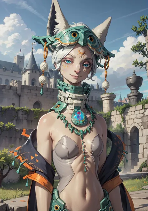(extremely detailed CG unity 8k wallpaper),(masterpiece),(best quality),(best illustration),(best shadow),(an extremely delicate and beautiful),fine detail,classic,anime,manga,furry,animal ears,bare shoulders,breasts,grey skin,[hair over one eye],[facial mark],green eyes,(detailed beautiful eyes),[jewelry],makeup,navel,looking at viewer,necklace,white hair,short hair,[smug smile],<lora:Mineru_V2_TOTK:0.95>,outdoors,castle,tree,clouds,