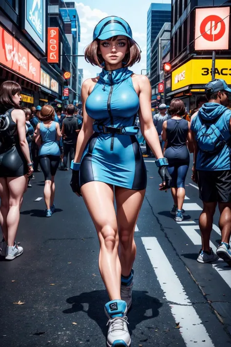 (ultra realistic,32k, masterpiece:1.2),(high detailed skin:1.1),( high quality:1.1),
<lora:SMAce:0.6>SMAce, 1girl, solo, bangs, gloves, dress, boots, shoes, shorts, sleeveless, black gloves, fingerless gloves, sleeveless dress, blue dress, black shorts, white footwear, spandex shorts, blue headwear, blue footwear, poke ball, visor cap, zipper pull tab, shorts under dress, city street, bustling traffic, towering buildings, pedestrian-filled blurry background,(looking at viewer, portrait:1.1),, (huge breast,large breast:1.1),<lora:add_detail:0.93>,
(neon pastel light:1.1),