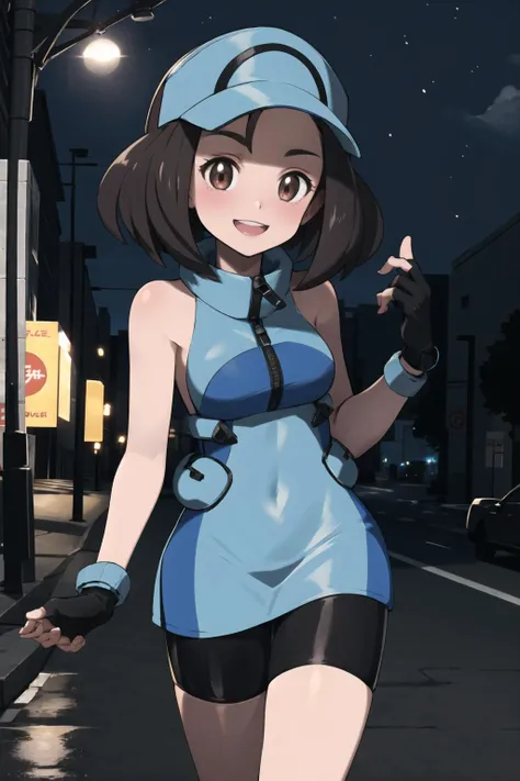 masterpiece, best quality, looking at viewer, facing viewer, nice hands, perfect hands, <lora:GoodHands-vanilla:1>, (night:1.3), low key, <lora:LowRA:0.7>, excited, happy, joyful, (blush), smile,  <lora:PokemonV2:0.7>, generation 7, street, <lora:SMAce:0.7>, SMAce, 1girl, solo, breasts,  bangs, gloves, dress, boots, shoes, shorts, teeth, sleeveless, black gloves, fingerless gloves, sleeveless dress, blue dress, upper teeth only, black shorts, white footwear, bike shorts, blue headwear, blue footwear, visor cap, zipper pull tab, shorts under dress