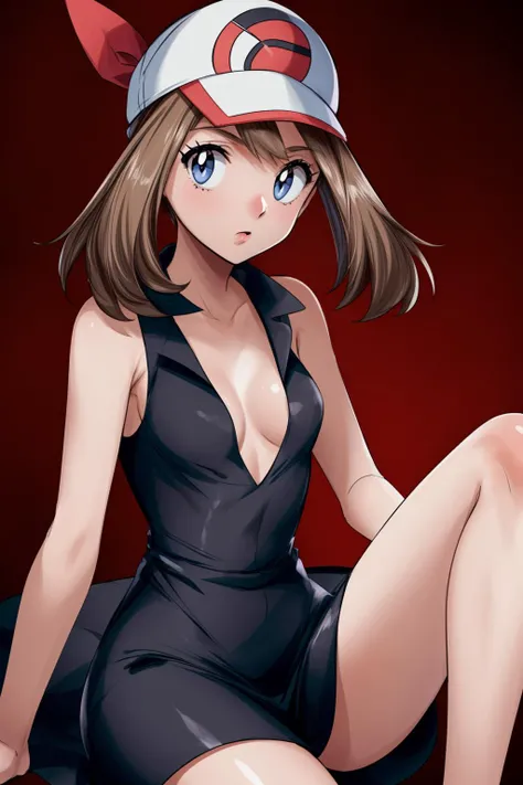 <lora:GoodHands-vanilla:1> , <lora:add_detail:1>, ((masterpiece)), (best quality:1.7), <lora:character_pokemon_may_v6:0.6> may \(pokemon\) <lora:MyBreastHelperRS:1> small breasts, sleeveless black cocktail dress, tight, ends above knees, form-fitting, deep v neck line, cleavage