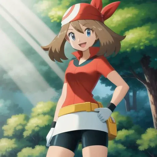 masutepiece, Best Quality, hight resolution, Outdoors, 1girl in, Solo, May (A pokémon), (((Brown hair))), bandana, (((Red shirt with sleeves))), (forrest:1.1), (((Navy Blue Shorts Spatz))), (((White mini skirt))), (((Yellow Waist Pouch))), (((White and dark blue gloves))), (((itting ?????????))), (((Surprised expression))), 