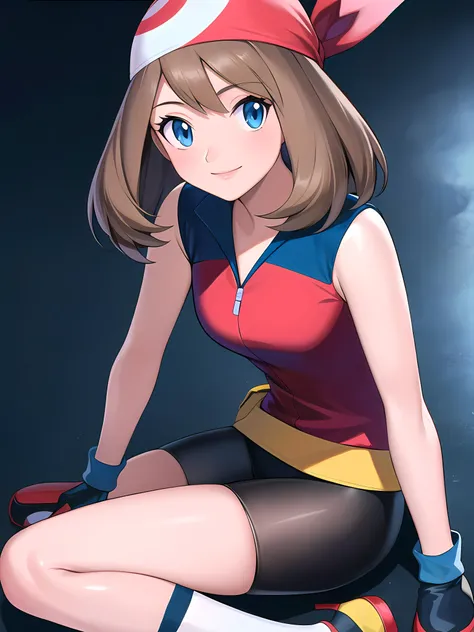 (masterpiece:1.3), (absurdres:1.3), (best quality:1.3), hand of Guido Daniele, (ultra-detailed:1.3),(best shadow:0.7), (handled hair), (realistic:1.2)
BREAK character_pokemon_may, brown hair, medium hair, asymmetrical bangs, blue eyes, glowing eyes, red collared_shirt, sleeveless, smile, bandana, bike shorts, fanny pack, gloves, shirt, shoes, skirt, socks,
