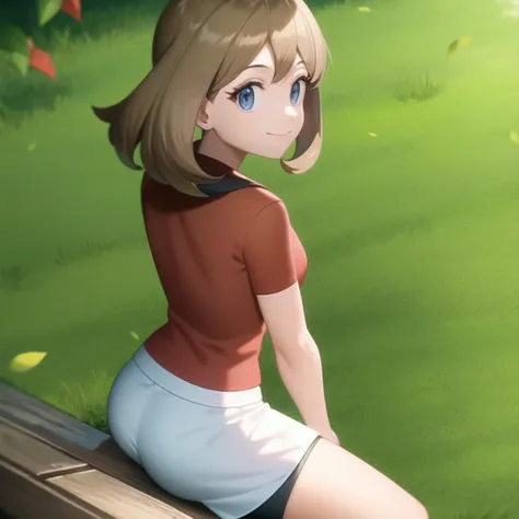 <lora:character_pokemon_may_v5:0.6> forest, 1girl, character_pokemon_may, solo, cowboy shot, sitting, on ground, from behind, from above, from side, looking back, looking at viewer, smile, closed mouth, red shirt, white skirt, black bike shorts