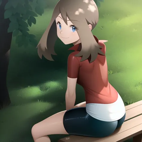 <lora:character_pokemon_may_v6:1> may \(pokemon\), forest, 1girl, solo, cowboy shot, sitting on bench, legs together, hands on own thighs, from behind, from above, from side, looking back, looking at viewer, smile, closed mouth, shirt, skirt, bike shorts,