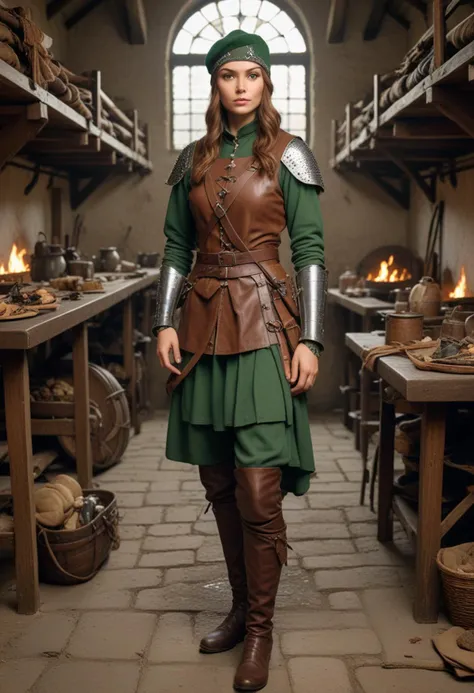 ((fashion photography)), perfect face, perfect eyes, (medium full shot) of  (bonnie medieval soldier) young woman, italian, green eyes, tan skin, tan skin, green eyes, normal, brown hair,   crossbowman, wearing Leather skullcap with chainmail aventail, padded tunic with leather patches, woolen leggings, leather shoes, holding Crossbow, set in medieval era,  Barracks, Crowded quarters with rows of bunk beds, makeshift armor racks, discarded uniforms, a communal table littered with half-eaten rations, and a hearth surrounded by tired soldiers , laughing, jumping in the air, masterpiece, best quality, photorealistic, very aesthetic