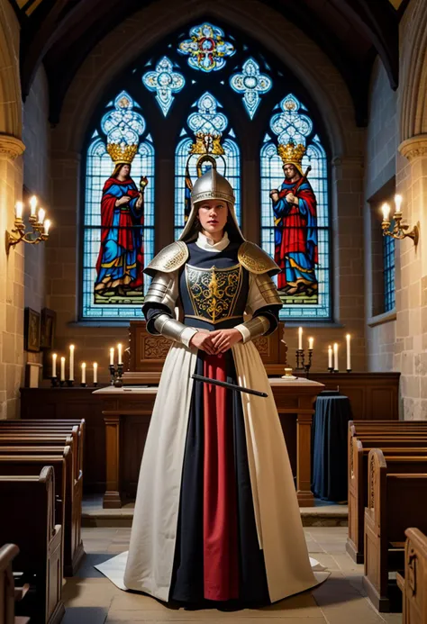 (stacked papercut art by kiri ken) of a  medieval soldier woman,            wearing  Open-faced helmet with cheek guards, sleeveless tabard with family crest, linen hose, leather moccasins, holding Crossbow           ,set in medieval era,  Castle Chapel, Serene sanctuary with stained glass windows depicting saints, wooden pews facing an altar, candlelit sconces on the walls, a choir loft with a pipe organ, and the echo of Gregorian chants , award winning, very aesthetic