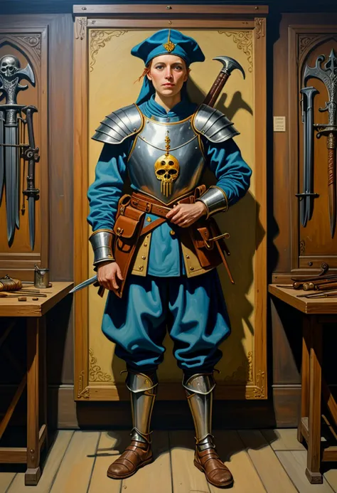 (Stunning acrylic painting by vincent Van Gogh) of a  medieval soldier woman,            wearing  Steel skull cap with cheek guards, sleeveless surcoat with heraldic emblem, linen trousers, leather sandals, holding Arbalest           ,set in medieval era,  Armory, Sturdy chamber with racks of weapons and armor, shields hung on the walls, a workbench littered with tools, and a display case showcasing prized swords , award winning, very aesthetic