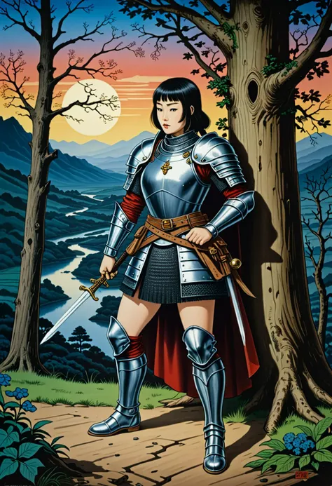 (horror painting by Utagawa Kuniyoshi) of a  medieval soldier woman,            wearing  Steel bascinet with nasal guard, sleeveless hauberk with brass rivets, woolen breeches, leather greaves, holding Crossbow           ,set in medieval era,  Druid's Sanctuary, ancient trees forming a natural canopy, a weathered wooden table adorned with crystals and herbs, intricately carved wooden chairs, soft animal pelts on the ground, and the sound of rustling leaves , at sunset, award winning, very aesthetic