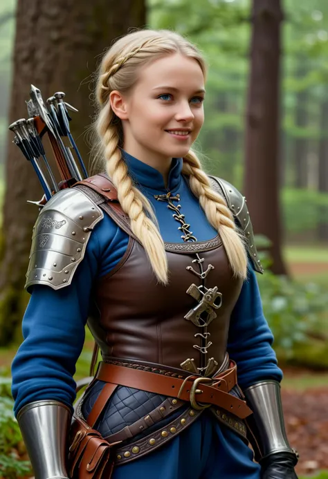 (medium full shot) of (supermodel young woman:1.1) medieval soldier, swedish with blonde hair in a braid, blue eyes, fair skin, slender,           wearing  Leather helmet with nose guard, quilted jerkin with brass studs, woolen trousers, leather ankle boots, wielding Crossbow with intricately carved stock, laughing, arms crossed,  .set in medieval era,  Druidic Grove, sacred space surrounded by towering ancient oaks, a stone circle marking ritual sites, wooden benches carved with mystical symbols, offerings of flowers and herbs placed on a stone altar, and the murmuring of sacred chants , at night, ,Masterpiece,best quality, photorealistic, amazing quality, very aesthetic, extremely detailed face,