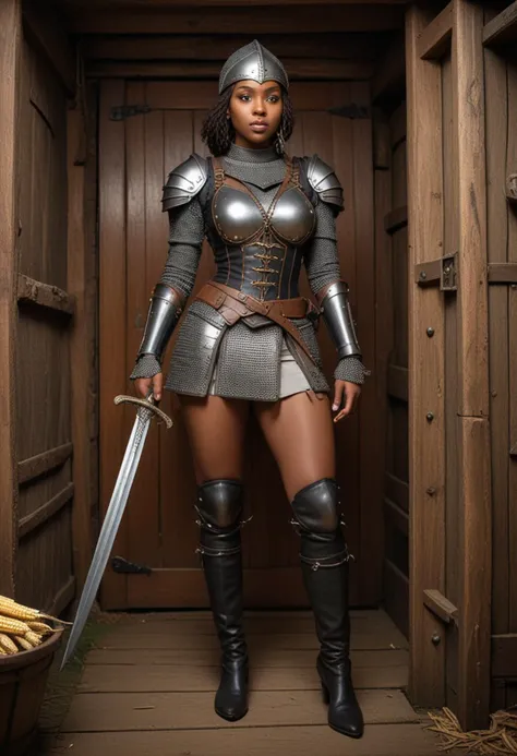 ((fashion photography)), perfect face, perfect eyes, (medium full shot) of  (vivacious medieval soldier) young woman, black american, dark eyes, dark skin, dark skin, black eyes, voluptuous, hazel hair,   pikeman, wearing Leather skullcap with chainmail aventail, quilted gambeson, studded leather cuirass, steel greaves, holding Halberd with serrated blade and spiked butt, set in medieval era,  Manor Latrine, Crude shack with a thatched roof, a hole in the floorboards, a stack of corn husks for wiping, a tin basin for washing hands, a string of garlic hanging from the ceiling, and a family crest carved into the door # add space ship, engine room, starfleet bridge  , at night, laughing, jumping in the air, masterpiece, best quality, photorealistic, very aesthetic